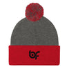 Brick Forces Logo Black Embroidery Pom Pom Knit Cap - Dark Heather Grey/ Red - Printful Clothing